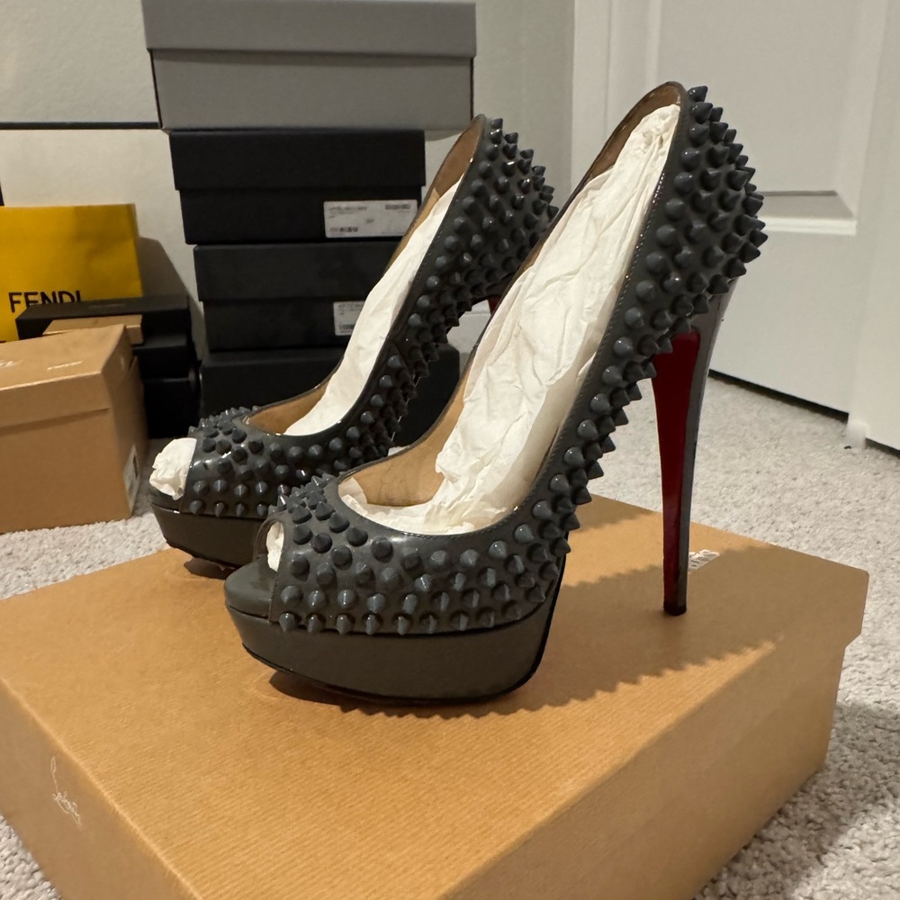 Christian Louboutin Gray Studded Peep-Toe Platform Pumps with Red Soles